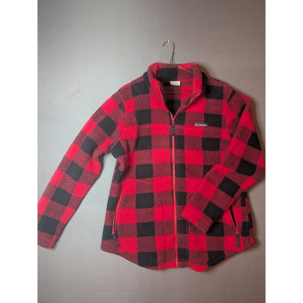 Columbia Fleece Jacket Womens XL Red Black Buffalo Plaid Logo Mock Neck Full Zip